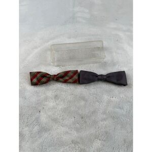 Vintage Ormond NYC Clip On Bow Tie Set Plaid Red Tan Solid Purple Mid Century